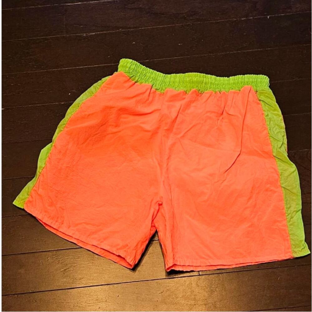 Vintage GrandPrix 90s Neon Orange Green Colorblock Nylon Shorts Lined Size M